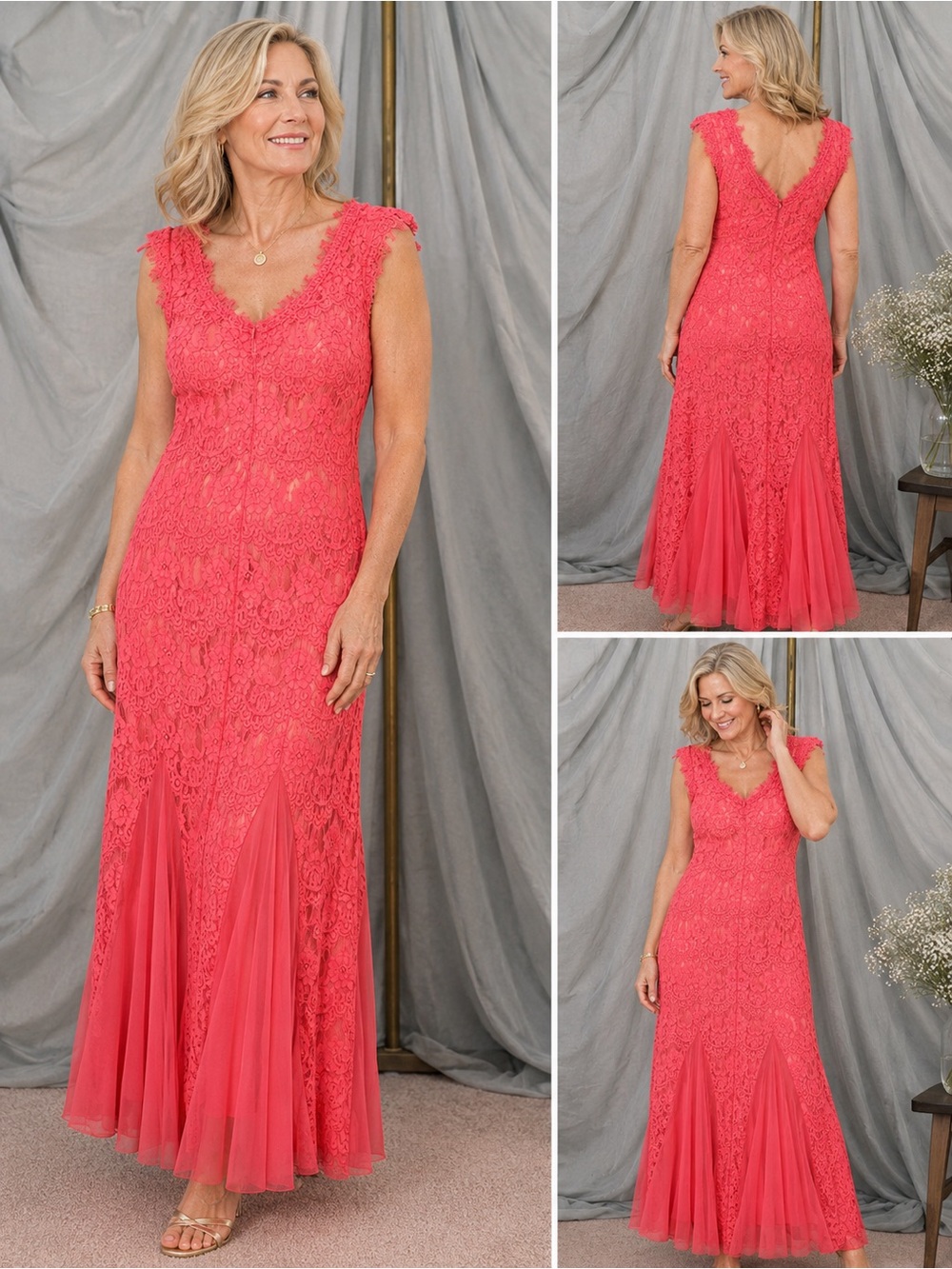 Betsy & Adam Coral Lace Gown